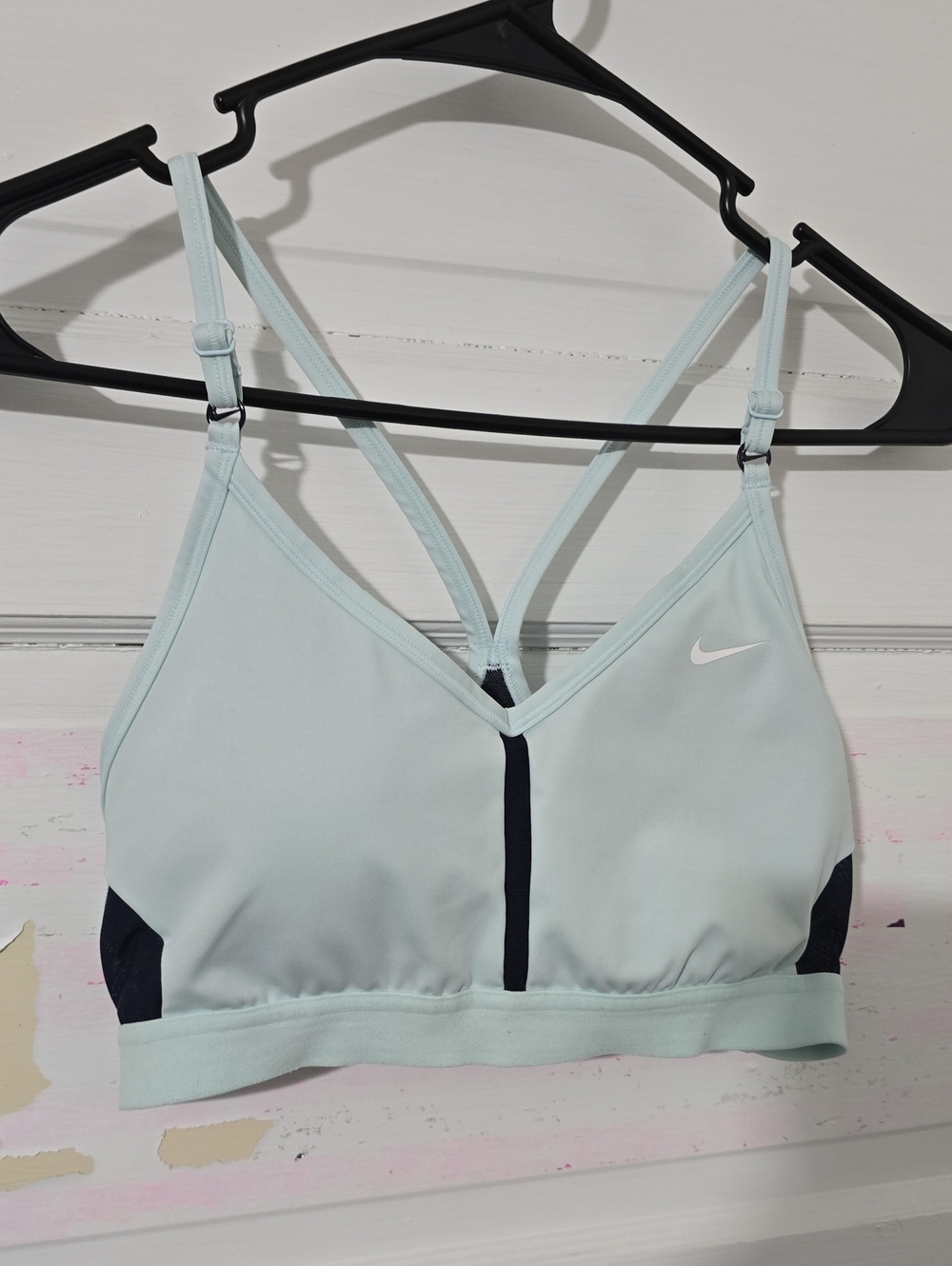 Nike Light Blue Strappy Sports Bra with Navy Accents